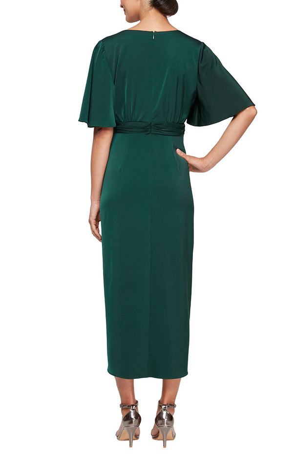 S.L. Fashions Regular - Midi Satin Charmeuse Surplice Neckline Dress With Ruched Waist Flutter Sleeves & Overlay Skirt