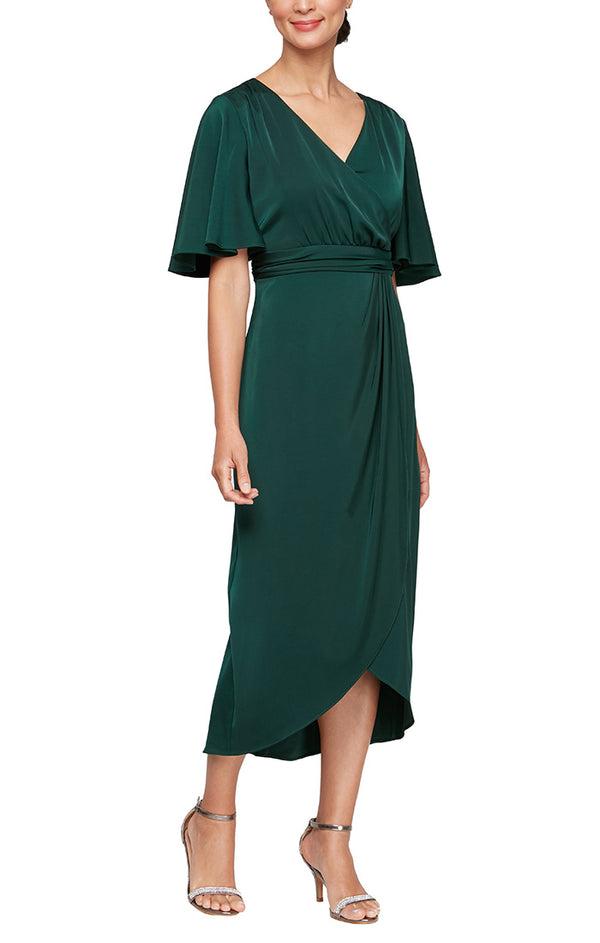 S.L. Fashions Regular - Midi Satin Charmeuse Surplice Neckline Dress with Ruched Waist Flutter Sleeves & Overlay Skirt