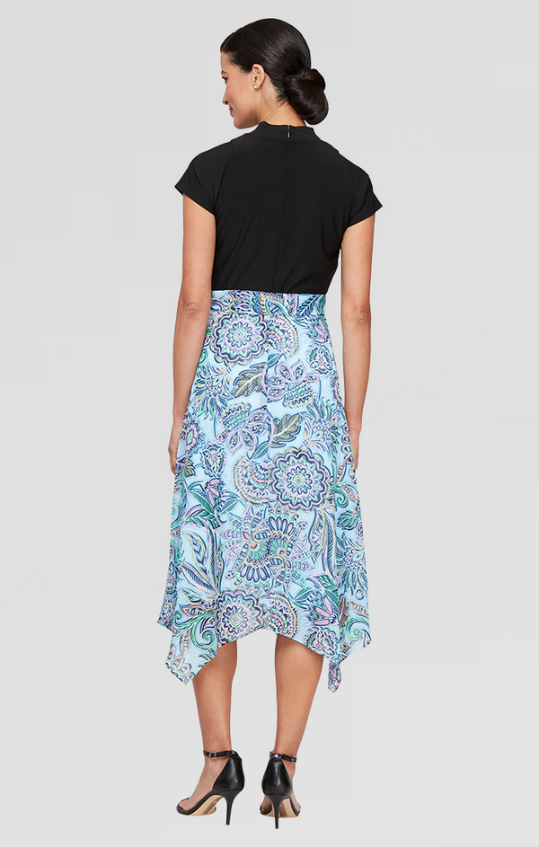 S.L. Fashions Regular - Mixed Media Dress With Jersey V-Neck Bodice And Chiffon Printed Pointed Hem