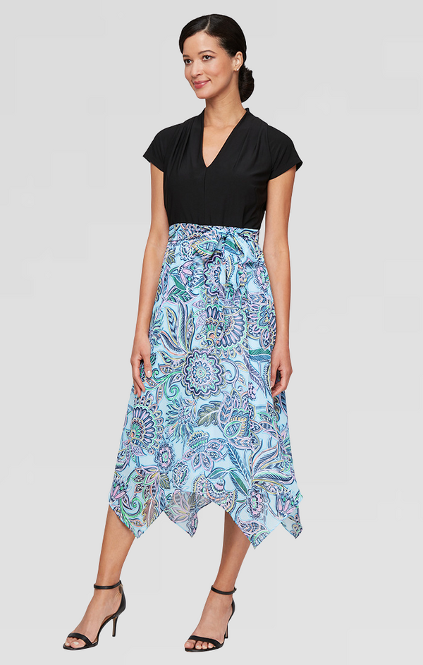 S.L. Fashions Regular - Mixed Media Dress with Jersey V-Neck Bodice and Chiffon Printed Pointed Hem