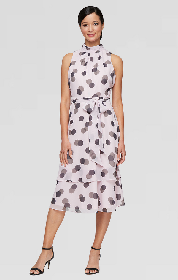 S.L. Fashions Regular - Printed Chiffon Sleeveless Dress with Double Tier Hem and Tie Belt