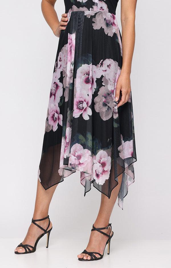 S.L. Fashions Regular - Printed Mesh Dress With Cap Sleeves And Pointed Hem