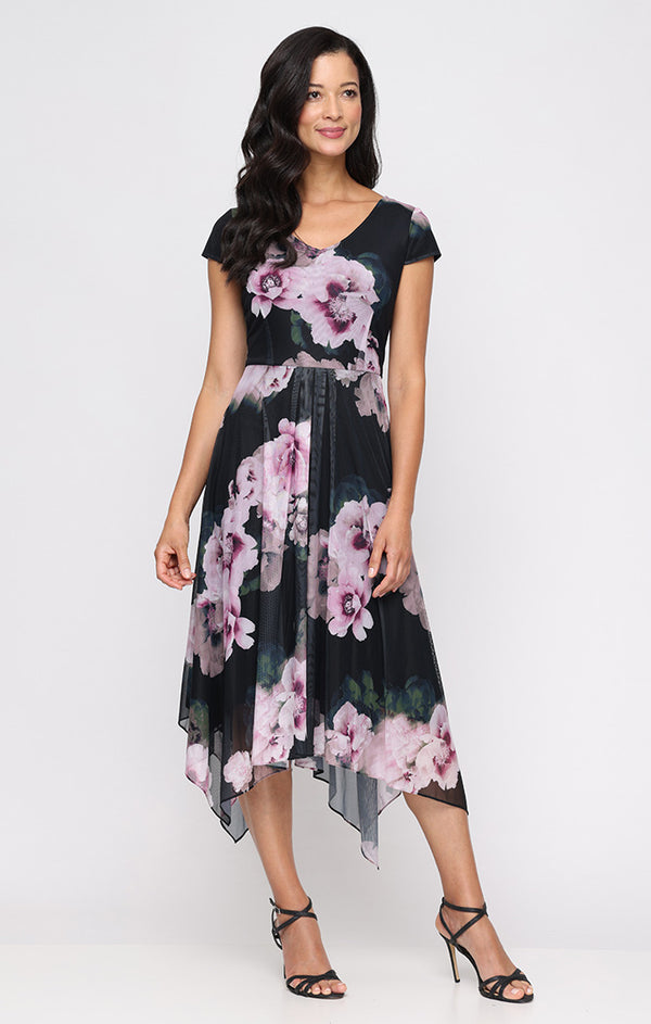 S.L. Fashions Regular - Printed Mesh Dress with Cap Sleeves and Pointed Hem