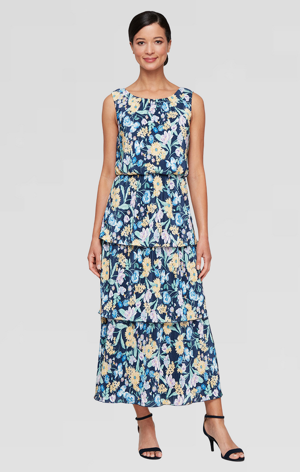 S.L. Fashions Regular - Printed Pleated Sleeveless Dress with Tiered Skirt