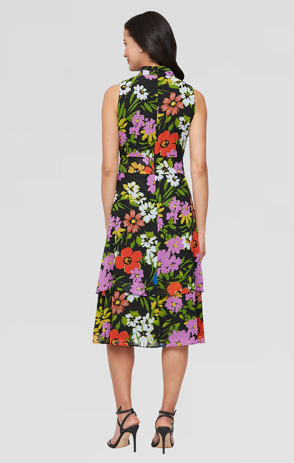 S.L. Fashions Regular - Printed Sleeveless Chiffon Dress With Double Tier Hem And Tie Belt