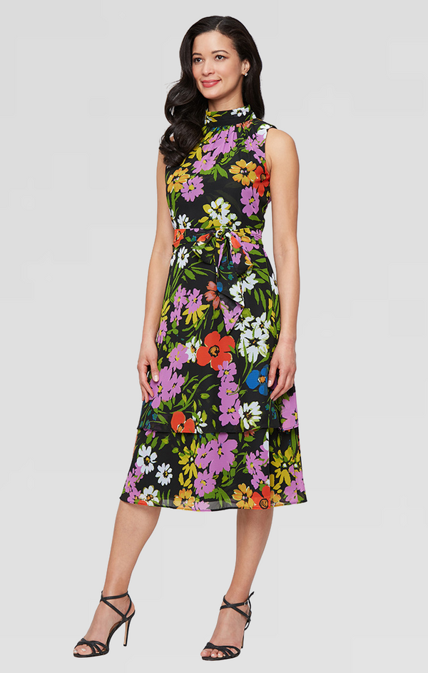 S.L. Fashions Regular - Printed Sleeveless Chiffon Dress with Double Tier Hem and Tie Belt