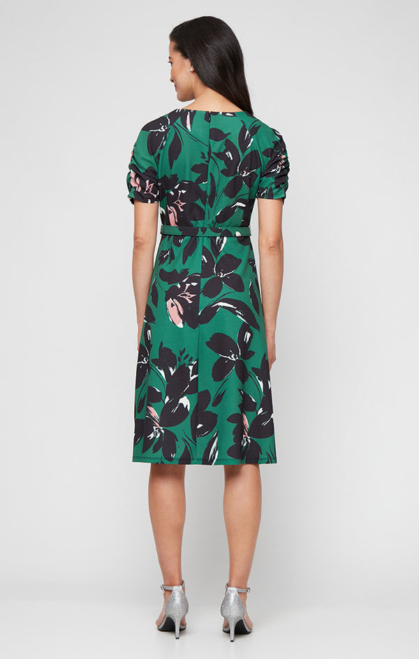 S.L. Fashions Regular - Scuba Crepe A-Line Dress With Ruched Detail Sleeves And Structured Belt