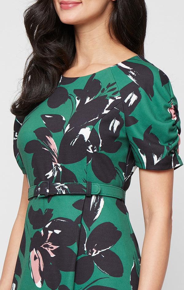 S.L. Fashions Regular - Scuba Crepe A-Line Dress With Ruched Detail Sleeves And Structured Belt