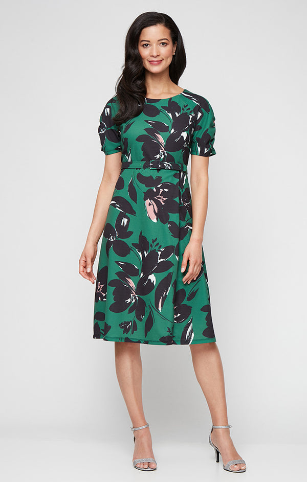 S.L. Fashions Regular - Scuba Crepe A-Line Dress with Ruched Detail Sleeves and Structured Belt