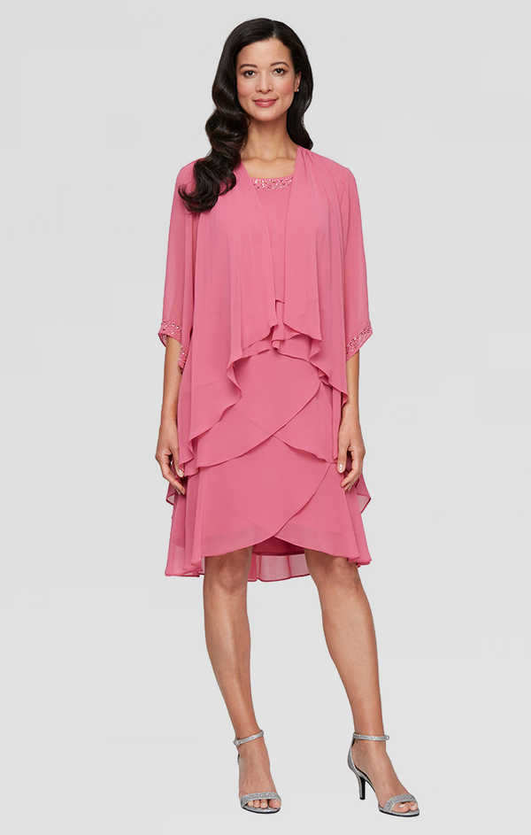 S.L. Fashions Regular - Short Tiered Chiffon Jacket Dress with Embellishment Detail at Neckline and Sleeves