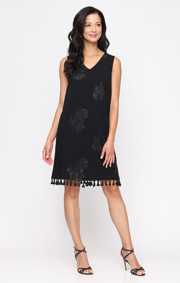 S.L. Fashions Regular - Sleeveless Shift Dress with V-Neckline and Fringe Hem Detail