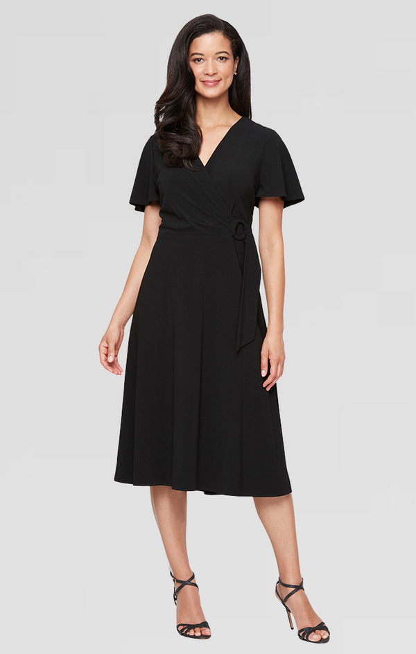 S.L. Fashions Regular- Tea Length Crepe Surplice Dress With Short Sleeves And Pull Through Detail At Waist