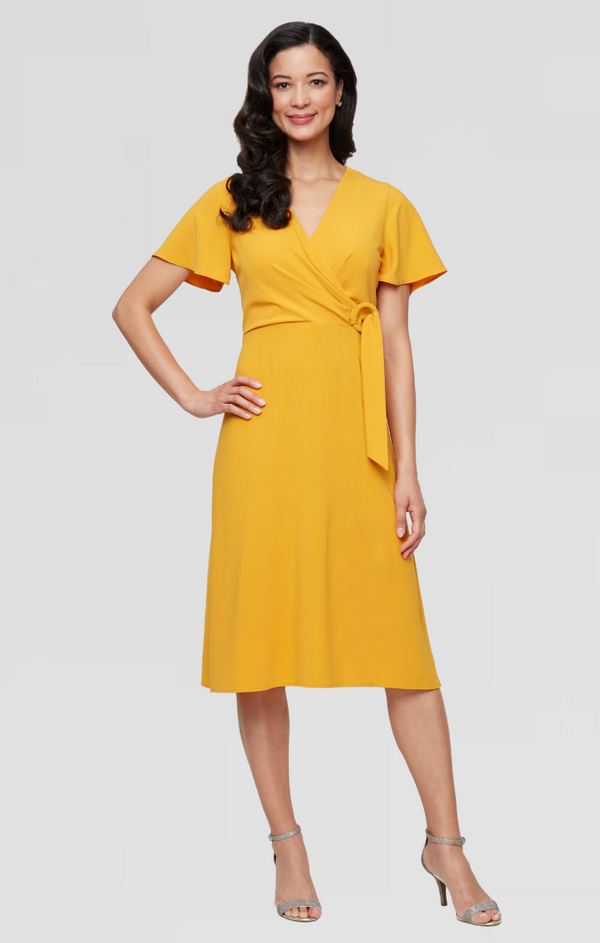 S.L. Fashions Regular- Tea Length Crepe Surplice Dress with Short Sleeves and Pull Through Detail at Waist
