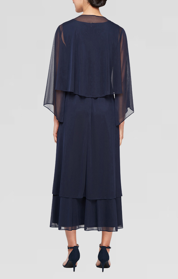 S.L. Fashions Regular - Tea Length Matte Jersey Mesh Jacket Dress With Surplice Neckline Ruched Waist Embellished Shoulder Detail Jacket And Tier Hem