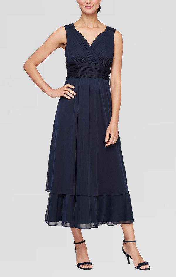 S.L. Fashions Regular - Tea Length Matte Jersey Mesh Jacket Dress With Surplice Neckline Ruched Waist Embellished Shoulder Detail Jacket And Tier Hem