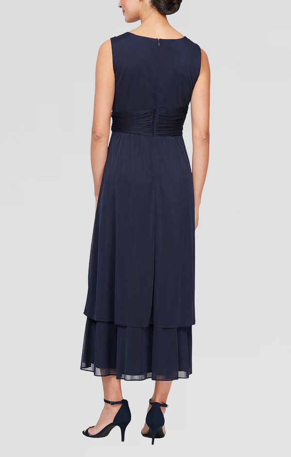 S.L. Fashions Regular - Tea Length Matte Jersey Mesh Jacket Dress With Surplice Neckline Ruched Waist Embellished Shoulder Detail Jacket And Tier Hem