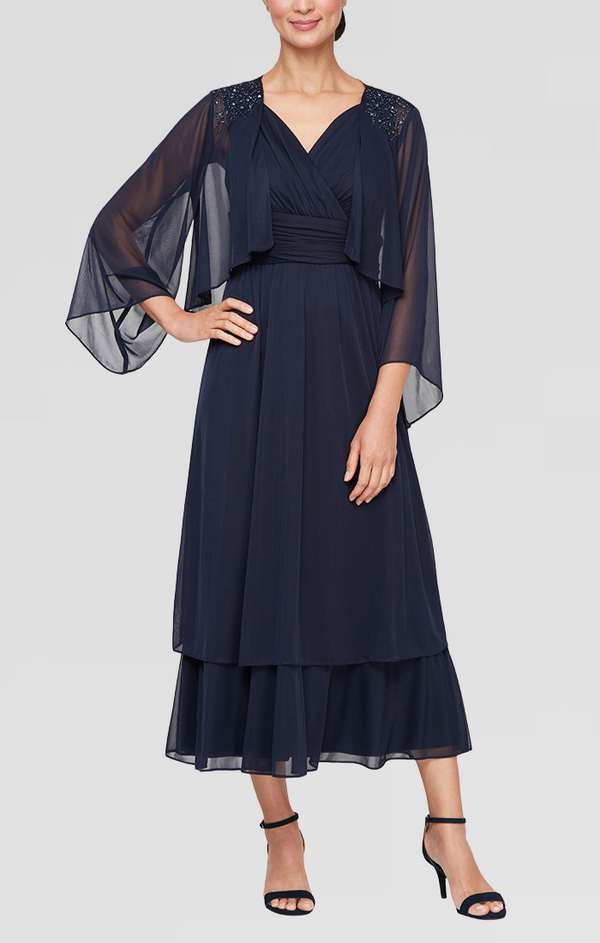 S.L. Fashions Regular - Tea Length Matte Jersey Mesh Jacket Dress with Surplice Neckline Ruched Waist Embellished Shoulder Detail Jacket and Tier Hem