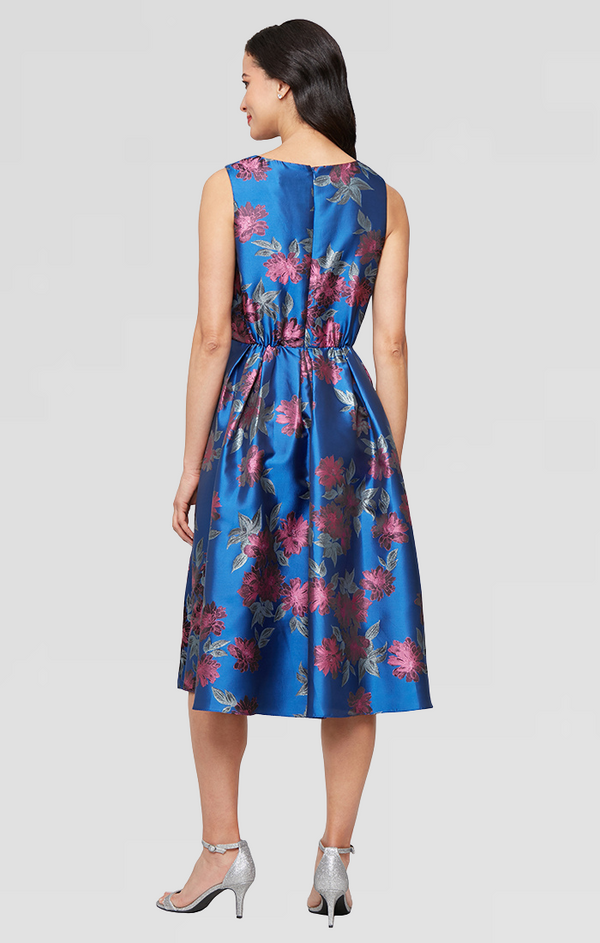 S.L. Fashions Regular - Tea Length Printed Metallic Jacquard Dress With Surplice Neckline And Full Skirt