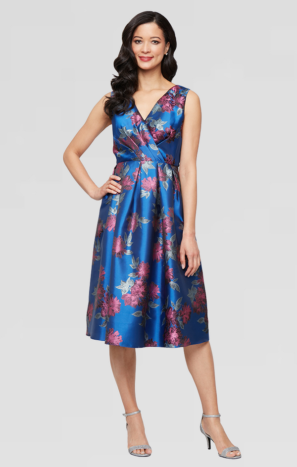 S.L. Fashions Regular - Tea Length Printed Metallic Jacquard Dress with Surplice Neckline and Full Skirt