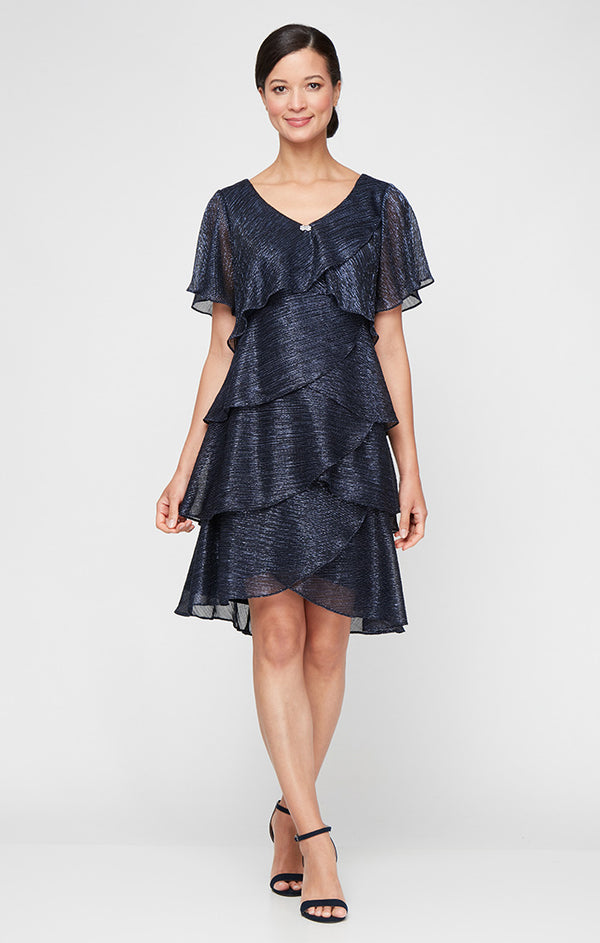 S.L. Fashions Shimmer Bodre Chiffon Tiered Cocktail Dress
