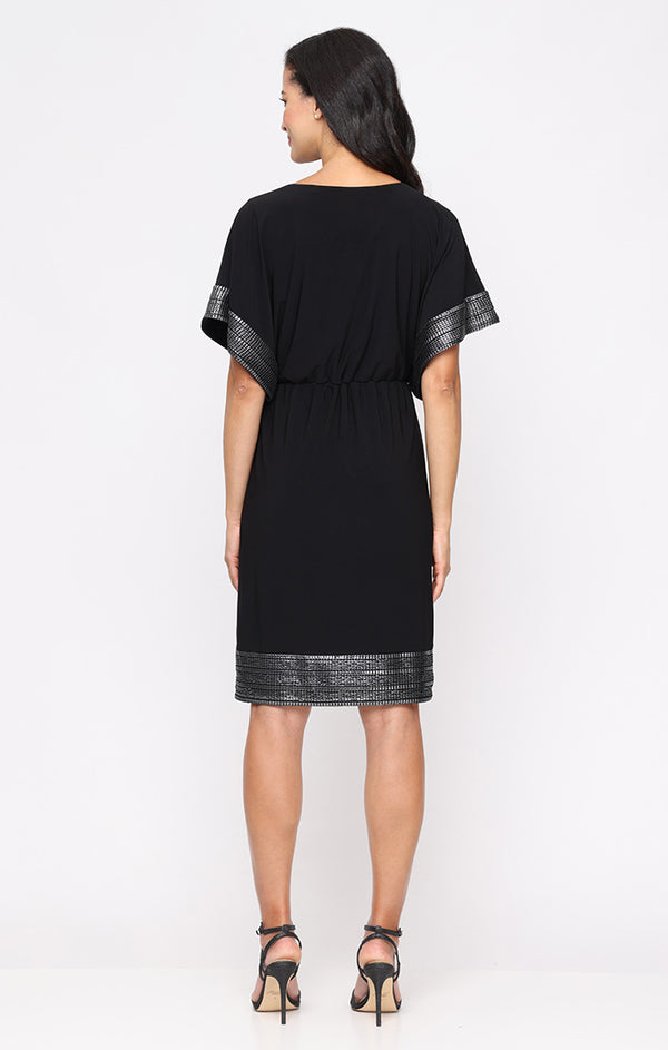 S.L. Fashions Short Blouson Dress With Foil Sleeve And Hem Detail