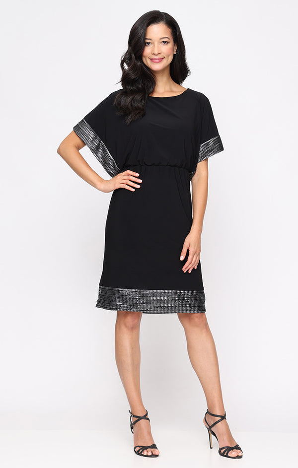 S.L. Fashions Short Blouson Dress with Foil Sleeve and Hem Detail