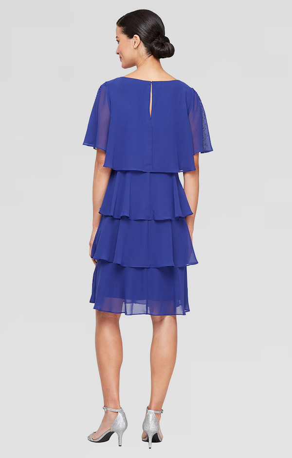 S.L. Fashions Short Chiffon Tiered Dress With Short Embellished Sleeves