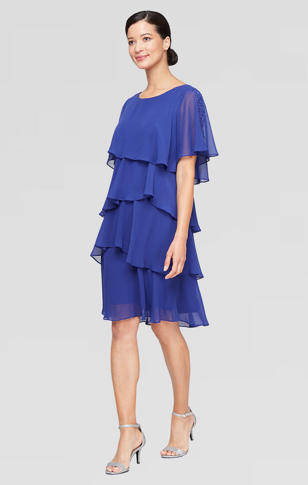S.L. Fashions Short Chiffon Tiered Dress with Short Embellished Sleeves S.L. Fashions Short Chiffon Tiered Dress with Short Embellished Sleeves