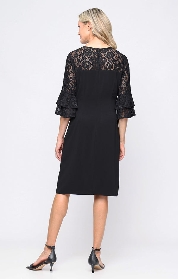 S.L. Fashions Short Crepe Shift Dress With Lace Illusion Neckline And Double Tier Bell Sleeves