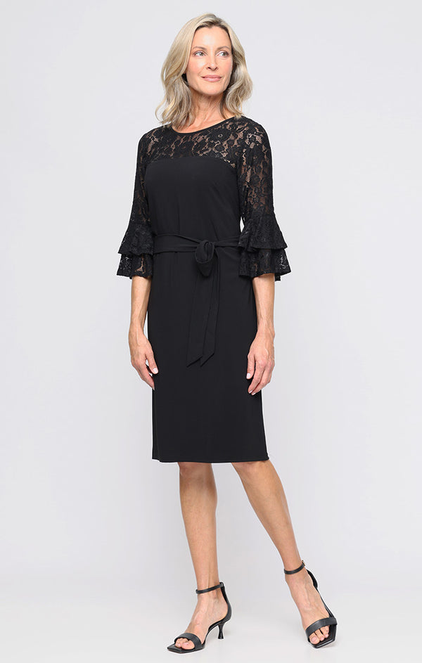 S.L. Fashions Short Crepe Shift Dress with Lace Illusion Neckline and Double Tier Bell Sleeves