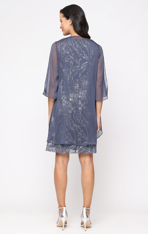 S.L. Fashions Short Foil A-Line Dress With V-Neckline And Cascade Open Jacket