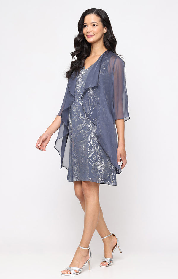 S.L. Fashions Short Foil A-Line dress with V-Neckline and Cascade Open Jacket