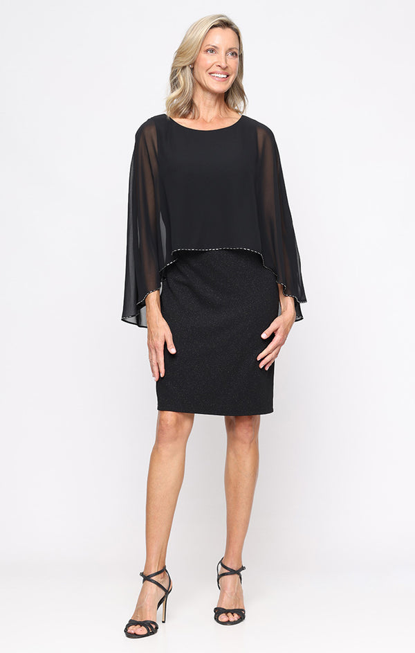 S.L. Fashions Short Glitter Knit Sheath Dress with High/Low Overlay Bodice S.L. Fashions Short Glitter Knit Sheath Dress with High/Low Overlay Bodice