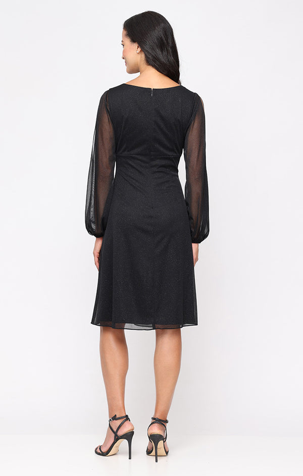 S.L. Fashions Short Glitter Mesh Dress With V-Neckline Asymmetric Empire Bodice And Illusion Sleeves