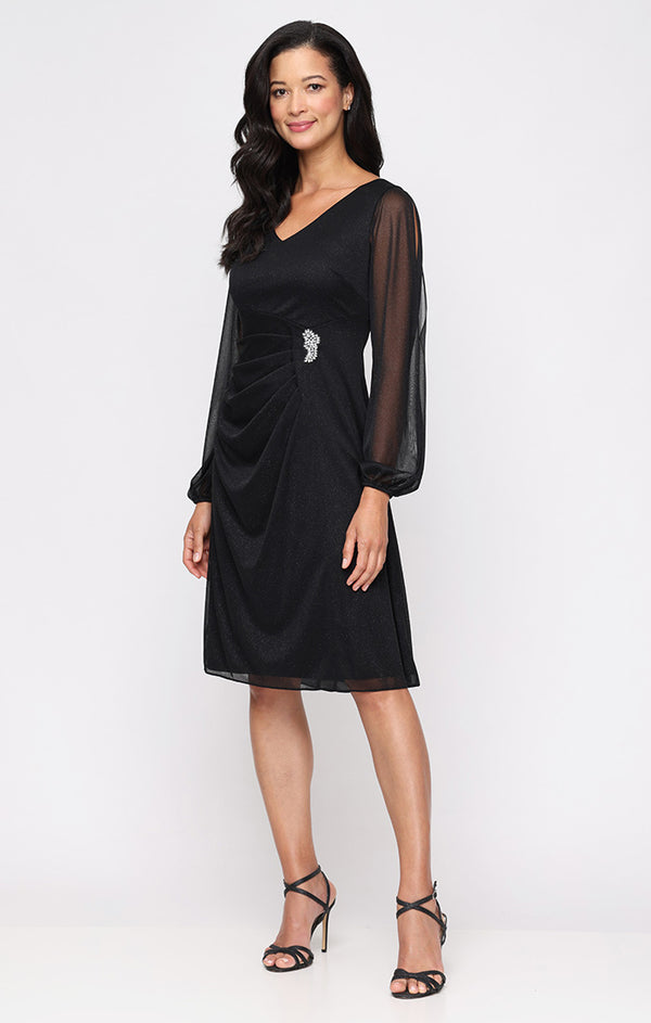 S.L. Fashions Short Glitter Mesh Dress with V-Neckline Asymmetric Empire Bodice and Illusion Sleeves