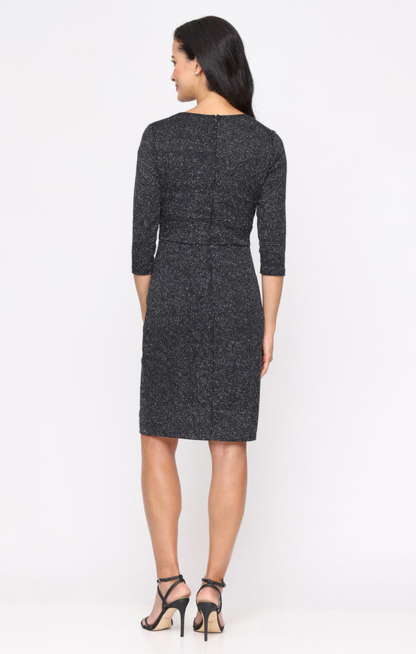 S.L. Fashions Short Metallic Knit Sheath Dress With Surplice Neckline And Cascade Detail Skirt