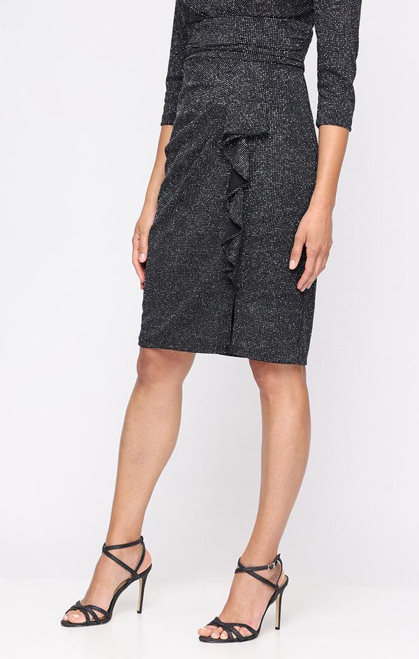 S.L. Fashions Short Metallic Knit Sheath Dress With Surplice Neckline And Cascade Detail Skirt