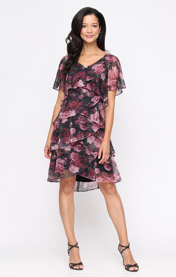 S.L. Fashions Short Printed Bodre Tier Dress with Embellished V-Neckline and Flutter Sleeves
