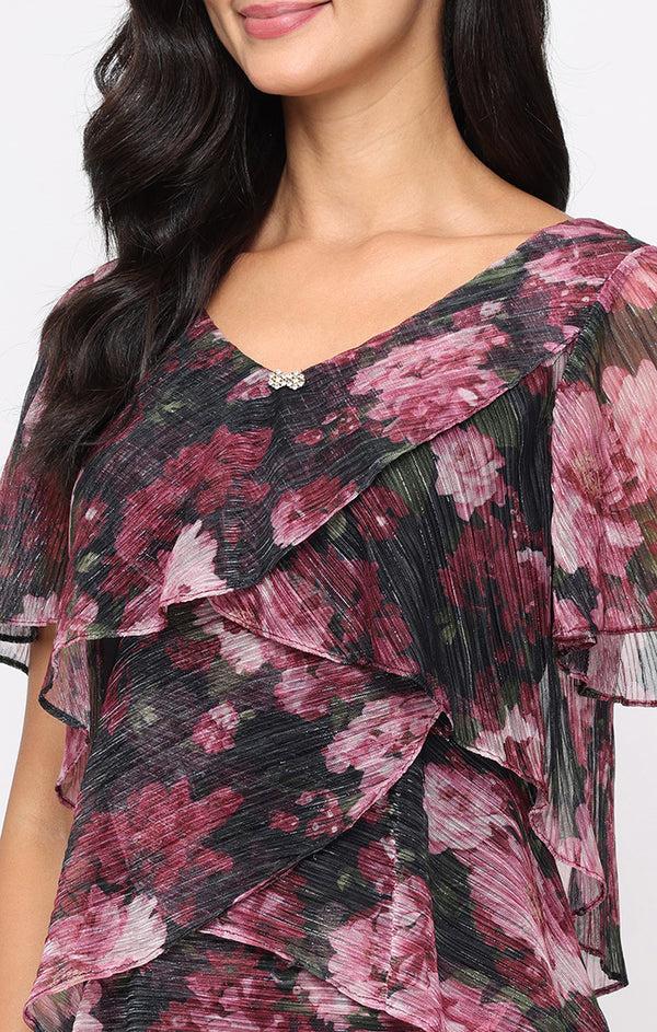 S.L. Fashions Short Printed Bodre Tier Dress With Embellished V-Neckline And Flutter Sleeves