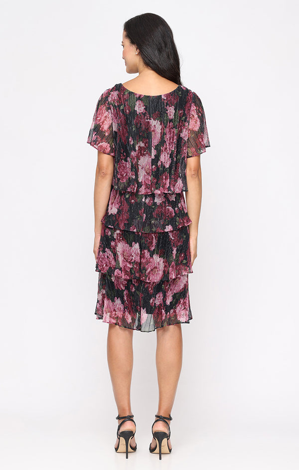 S.L. Fashions Short Printed Bodre Tier Dress With Embellished V-Neckline And Flutter Sleeves