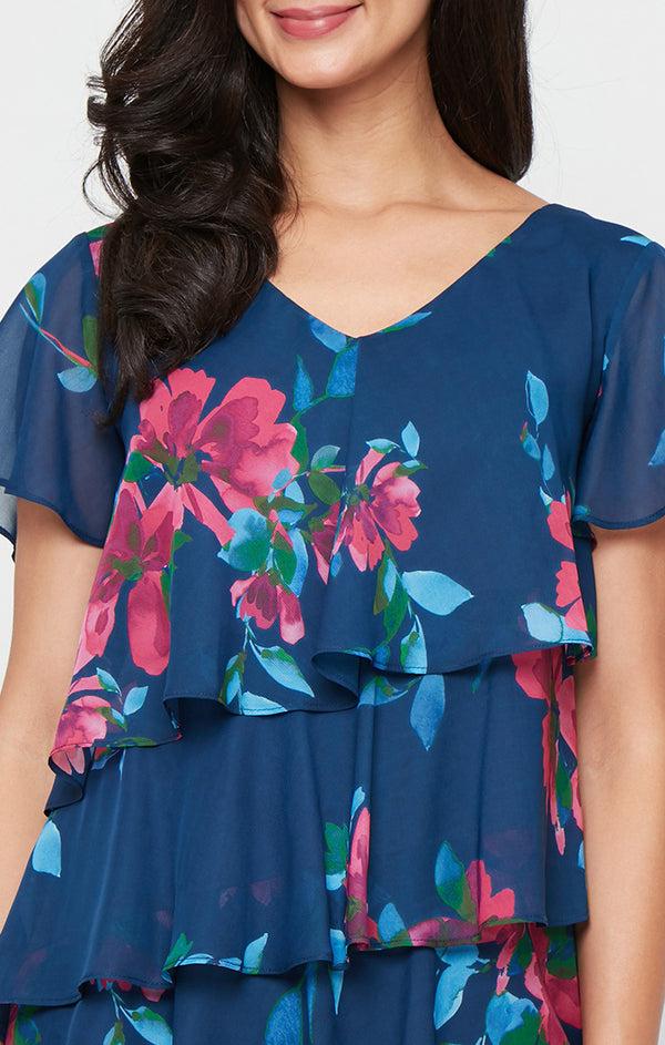 S.L. Fashions Short Printed Chiffon Tiered Dress With V-Neckline