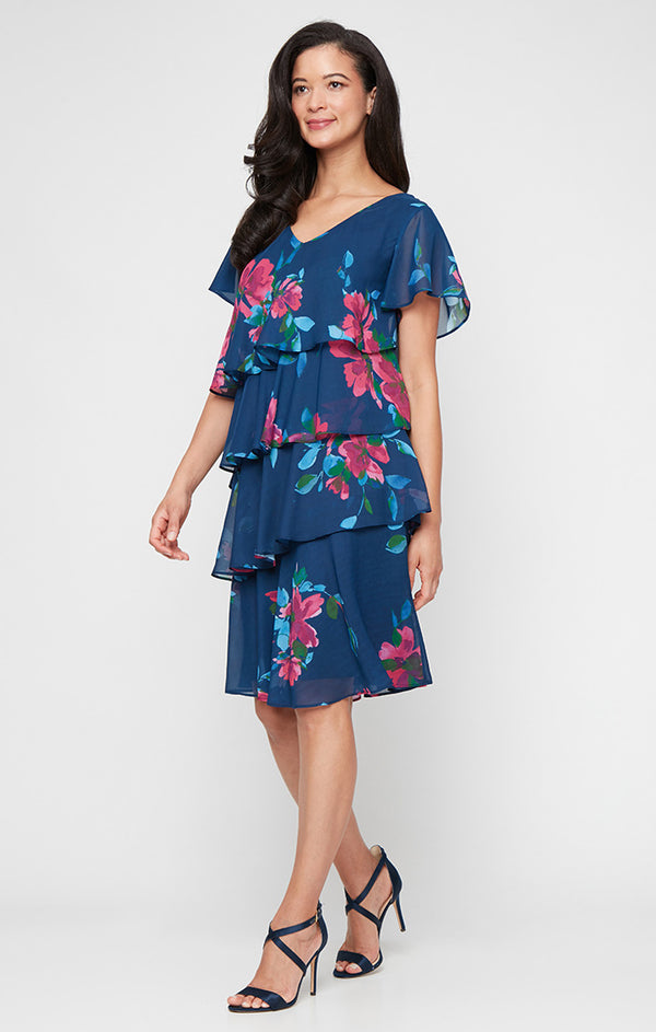 S.L. Fashions Short Printed Chiffon Tiered Dress with V-Neckline S.L. Fashions Short Printed Chiffon Tiered Dress with V-Neckline