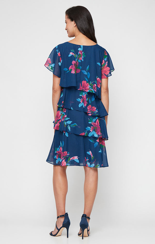 S.L. Fashions Short Printed Chiffon Tiered Dress With V-Neckline
