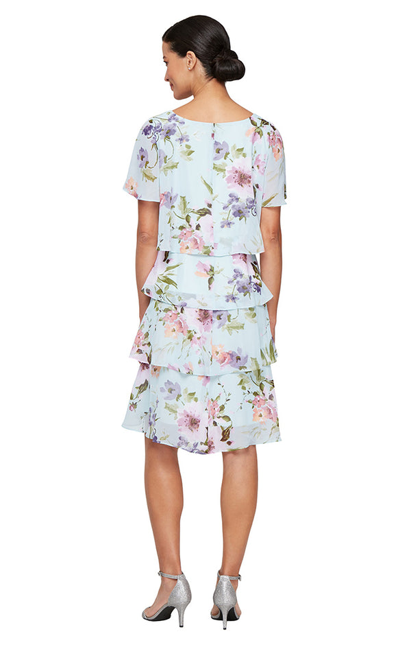 S.L. Fashions Short Printed Chiffon Tiered Dress With V-Neckline