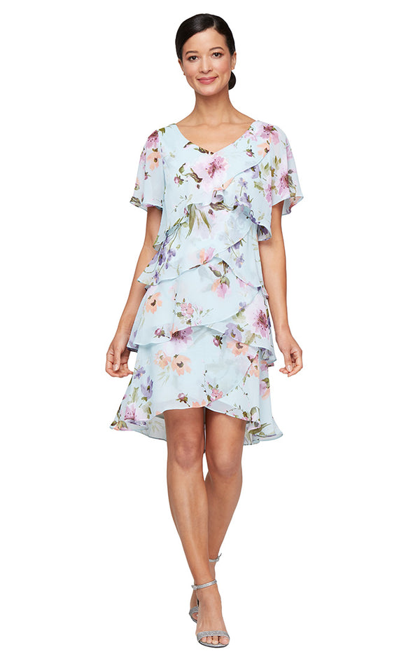 S.L. Fashions Short Printed Chiffon Tiered Dress with V-Neckline S.L. Fashions Short Printed Chiffon Tiered Dress with V-Neckline