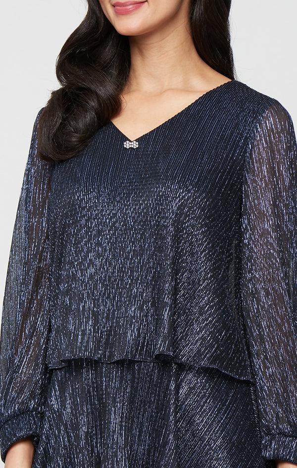 S.L. Fashions Short V-Neck Bodre Dress With Tiered Skirt And Illusion Sleeves