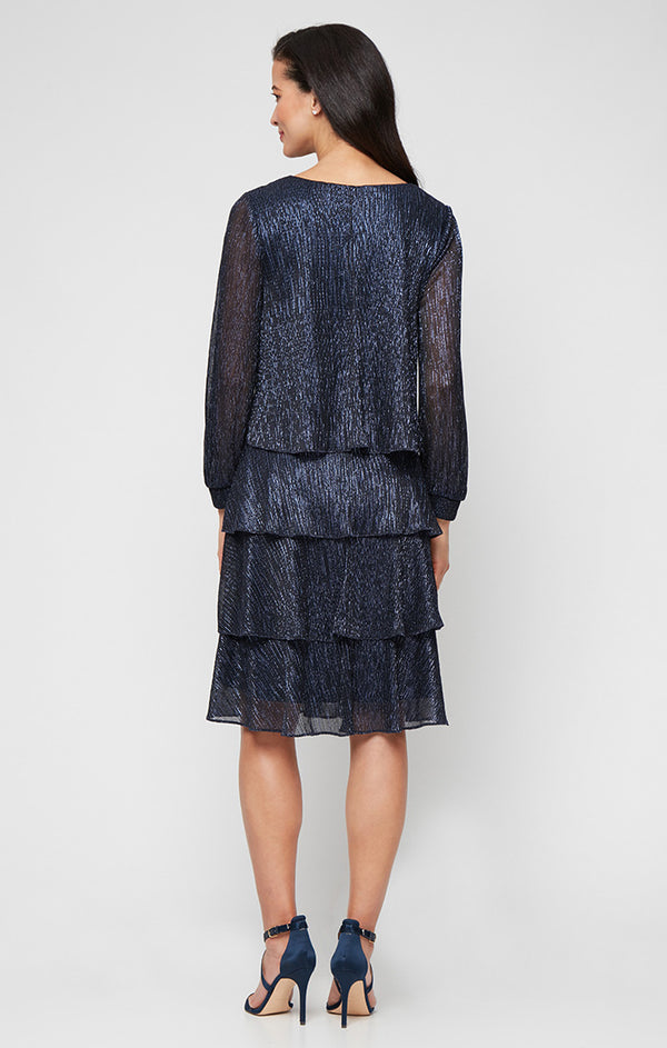 S.L. Fashions Short V-Neck Bodre Dress With Tiered Skirt And Illusion Sleeves