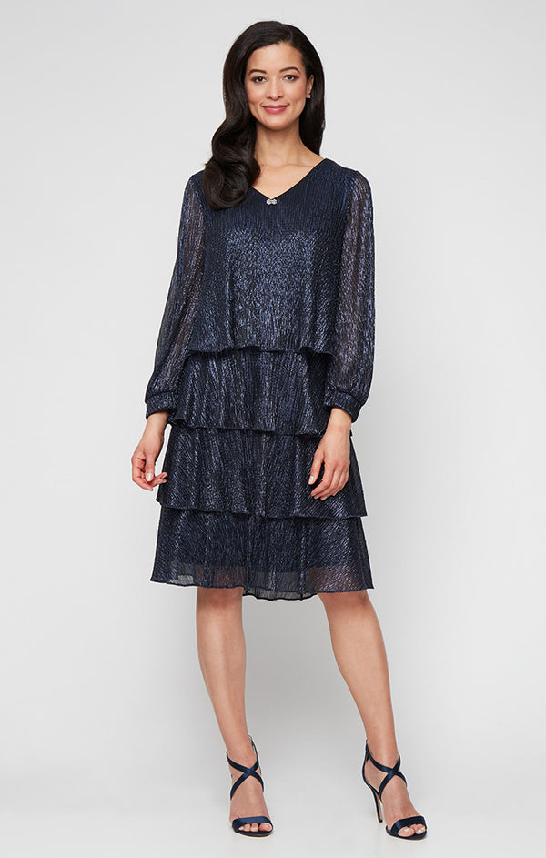 S.L. Fashions Short V-Neck Bodre Dress with Tiered Skirt and Illusion Sleeves