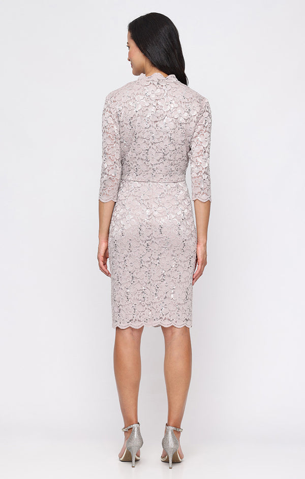 S.L. Fashions Short V-Neck Sheath Dress With Bolero Jacket And Scallop Detail