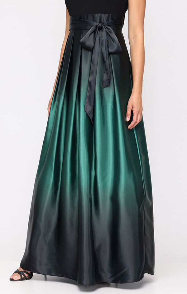 S.L. Fashions Sleeveless Gown With Satin Ombre Skirt & Tie Belt